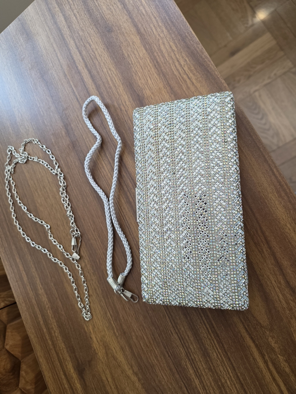 Crystal-Embellished Silver Evening Clutch – Women Bags